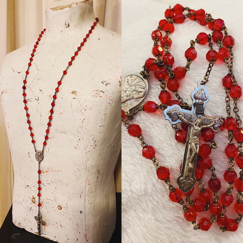 SOLD Antique Vampire Red Glass Rosary - Picture 1 of 8